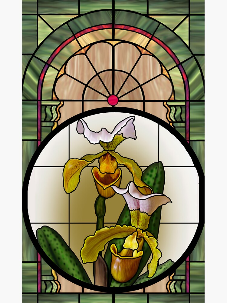 Lady Slipper Orchid Stained Glass Window Sticker By Anthonyseeker Redbubble