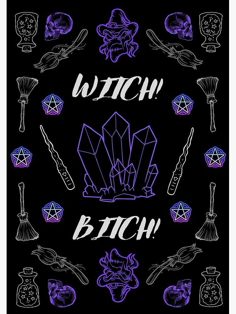 "Witch! Bitch! Skulls and Broomsticks Blue/Purple Tarot Bandana Witchcraft Design." Poster by