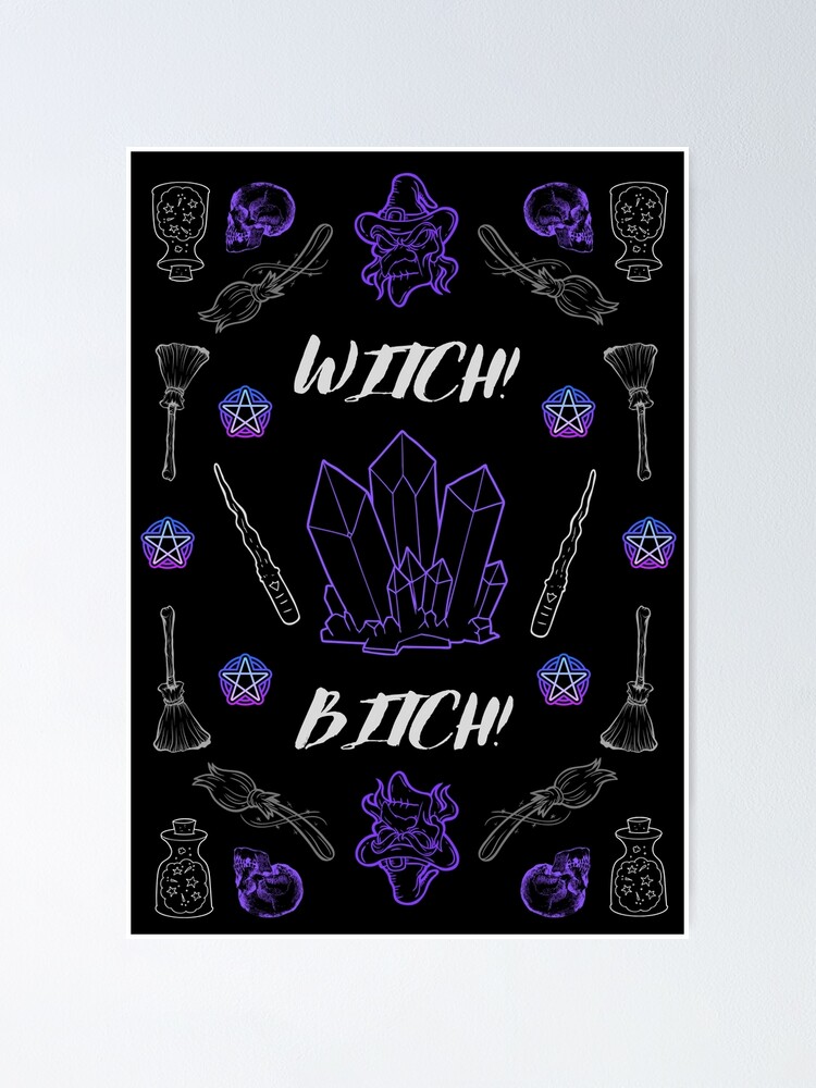 "Witch! Bitch! Skulls and Broomsticks Blue/Purple Tarot Bandana Witchcraft Design." Poster by