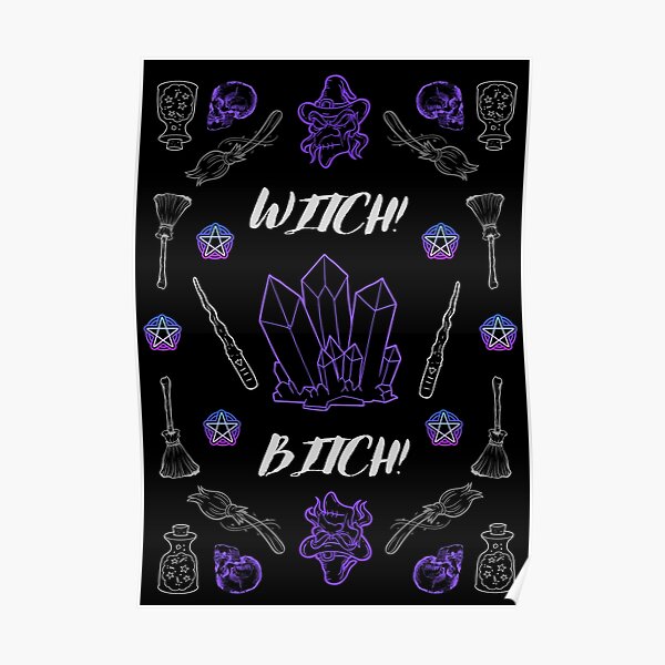 "Witch! Bitch! Skulls and Broomsticks Blue/Purple Tarot Bandana Witchcraft Design." Poster by