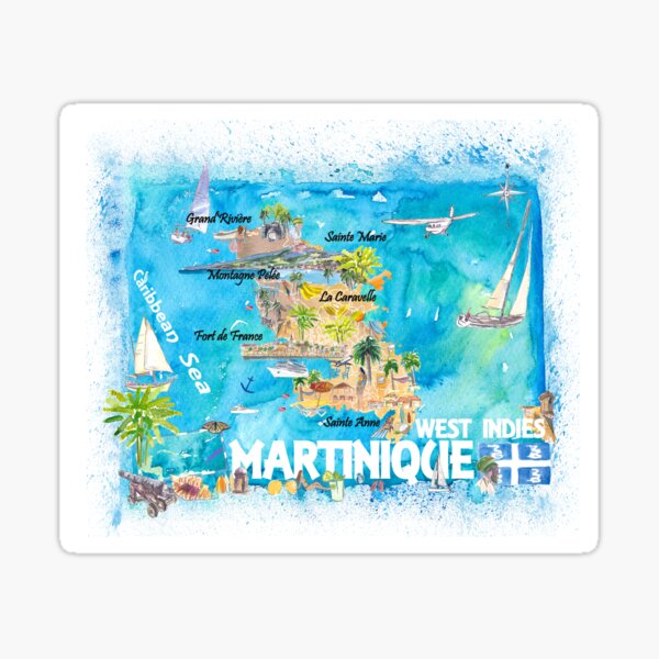 Aperçu de l'œuvre Carte illustrée des voyages des Caraïbes de la Martinique aux Antilles avec les points forts de l'île de rêve des Antilles créée et vendue par artshop77.