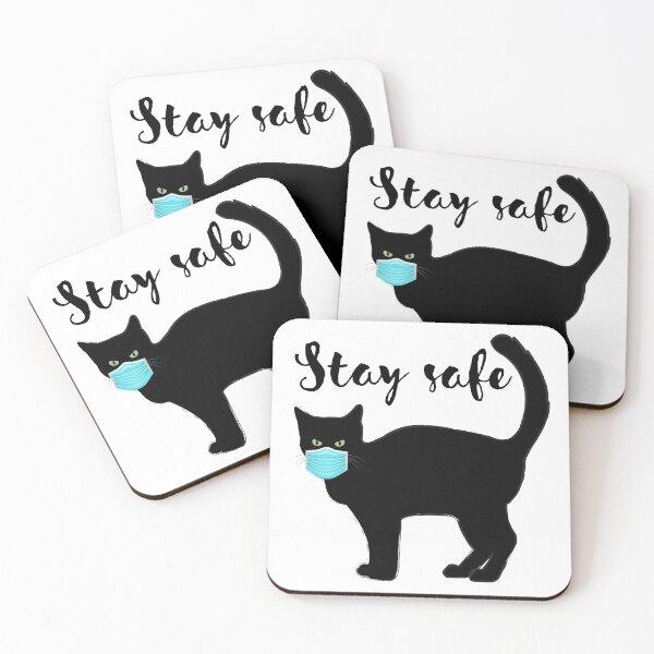 Item preview, Stay safe. Black cat with surgical mask, illustration and text. Lower case. designed and sold by JellyBeenzz.