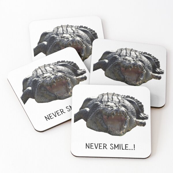 Item preview, Never smile (at a crocodile). Photograph of a crocodile and black text. designed and sold by JellyBeenzz.