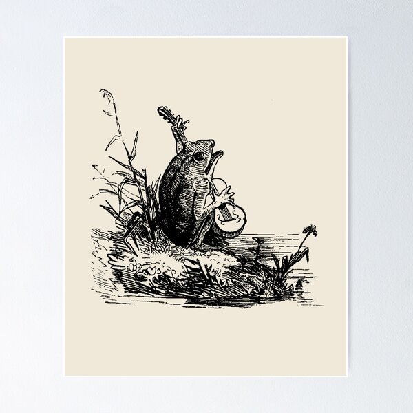 Cottagecore Aesthetic with Vintage Banjo-Playing Froggy, Goblincore Guitar Animal, Emo Frogge Serenade, Singing Toad Theme Poster