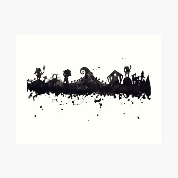 Halloween Town Nightmare vor Weihnachten inspiriert Aquarell Skyline Kunstdruck