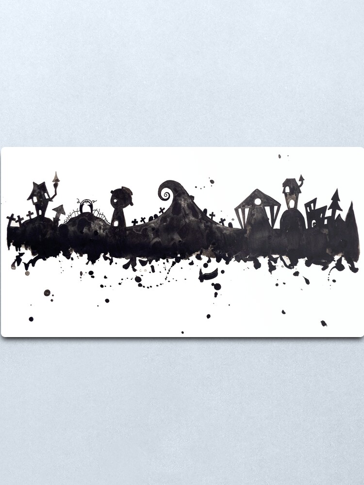 Alternate view of Halloween Town Nightmare Before Christmas Inspired Watercolor Skyline Metal Print