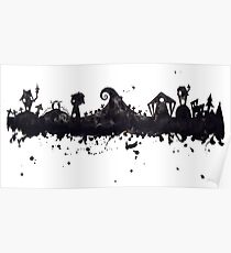 Póster Pesadilla de la ciudad de Halloween antes del horizonte de acuarela inspirado en Navidad
