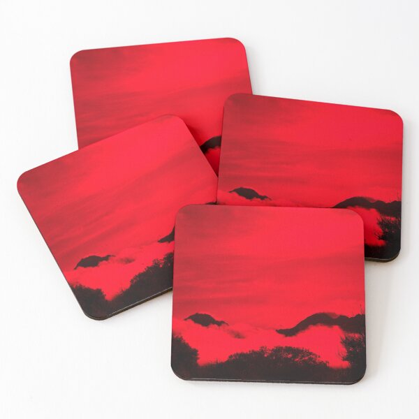 Item preview, New Zealand tiered scene of high country mountains and bush shrouded by low cloud with wind-blow cloud above in red and black effect. designed and sold by Brian Scantlebury.