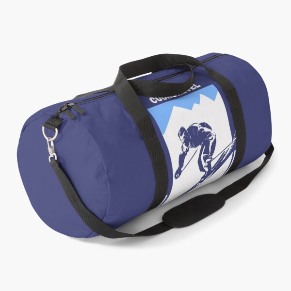Vintage Blue Geometric Ski Poster for Mountain Alpine Skier with the name of the French ski resort Courchevel Duffle Bag