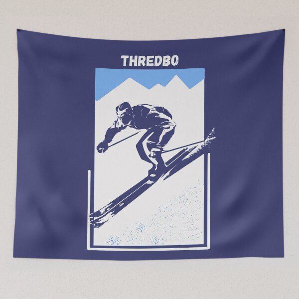 Item preview, Vintage Blue Geometric Ski Poster for Mountain Alpine Skier with the name of the Australian ski resort Thredbo designed and sold by Vintage-TM.