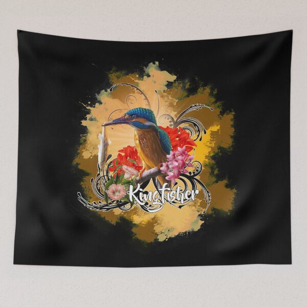 Item preview, kingfisher with red flowers designed and sold by koalas1414.