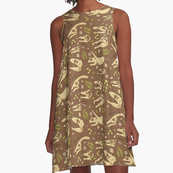 Dinosaur Skulls - Brown A-Line Dress