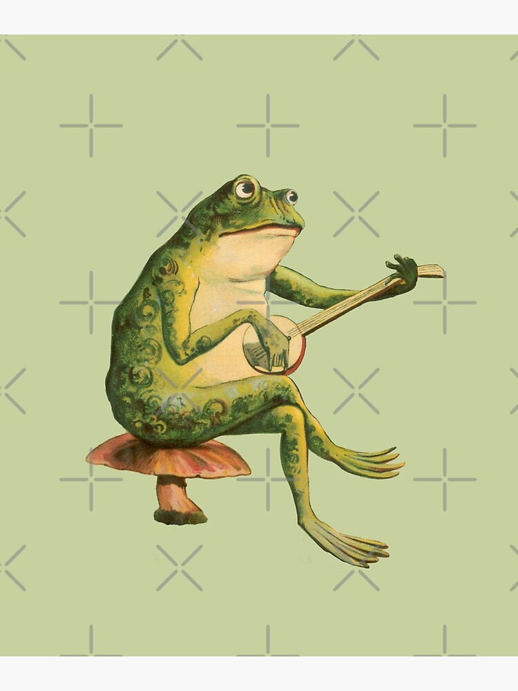 Disover Melancholic Vintage Frog Playing Banjo on Mushroom Toadstool Premium Matte Vertical Poster