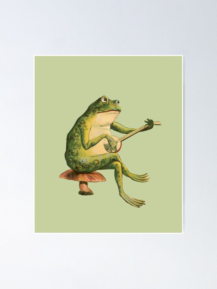 "Melancholic Vintage Frog Playing Banjo on Mushroom Toadstool