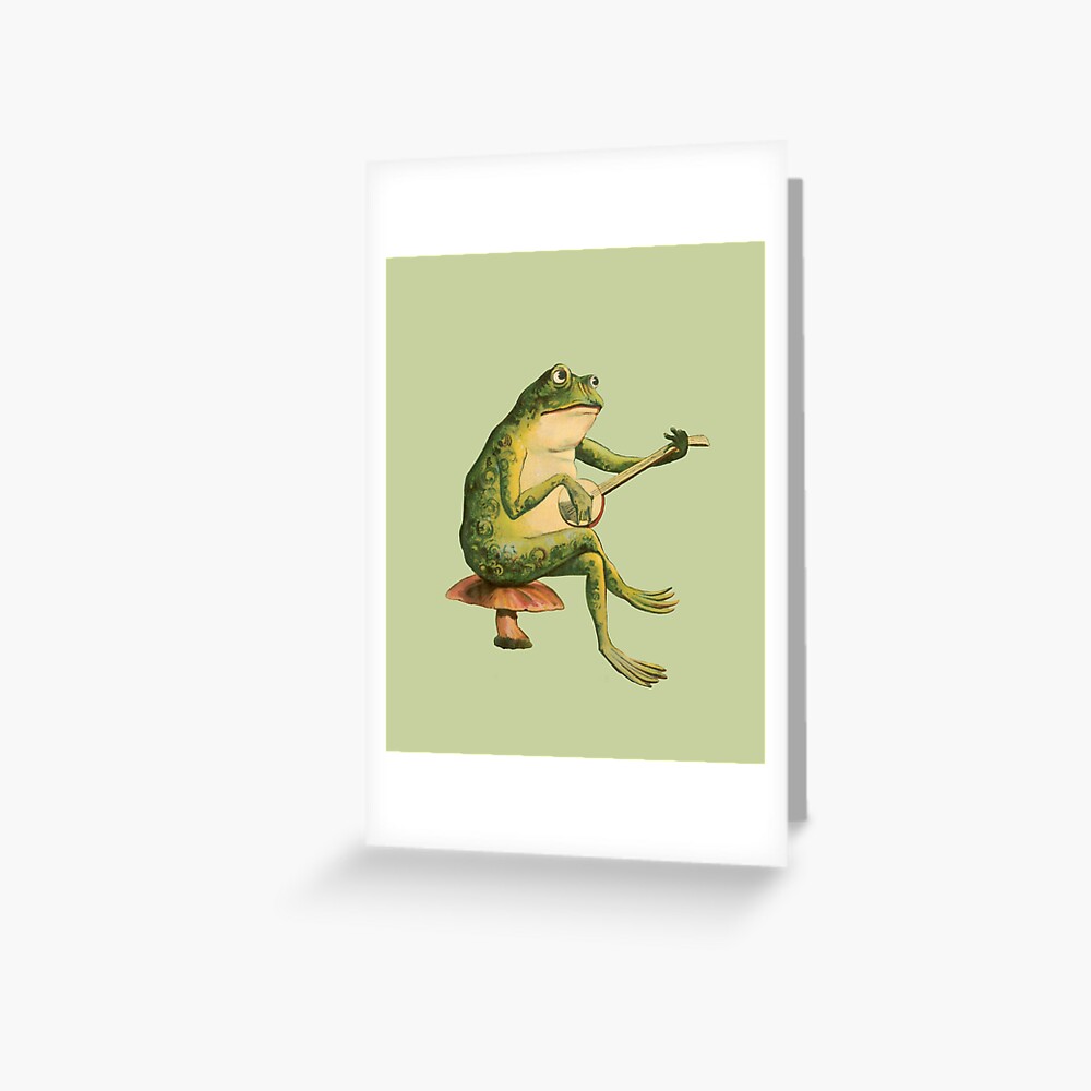 "Melancholic Vintage Frog Playing Banjo on Mushroom Toadstool