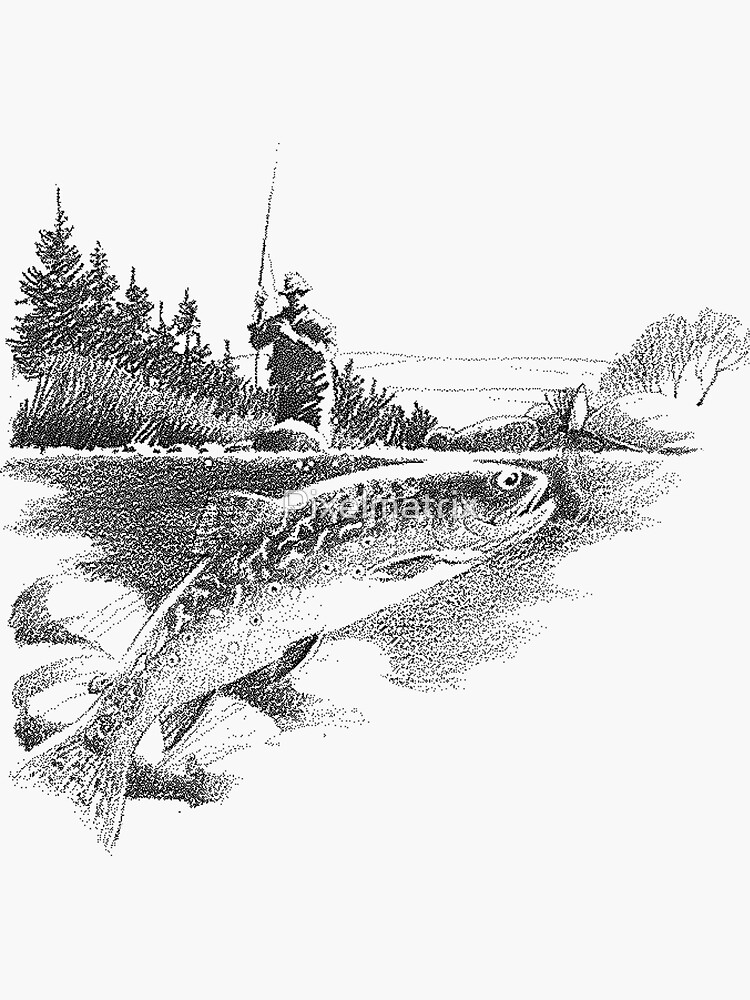 Trout fishing scene  Sticker for Sale by Pixelmatrix