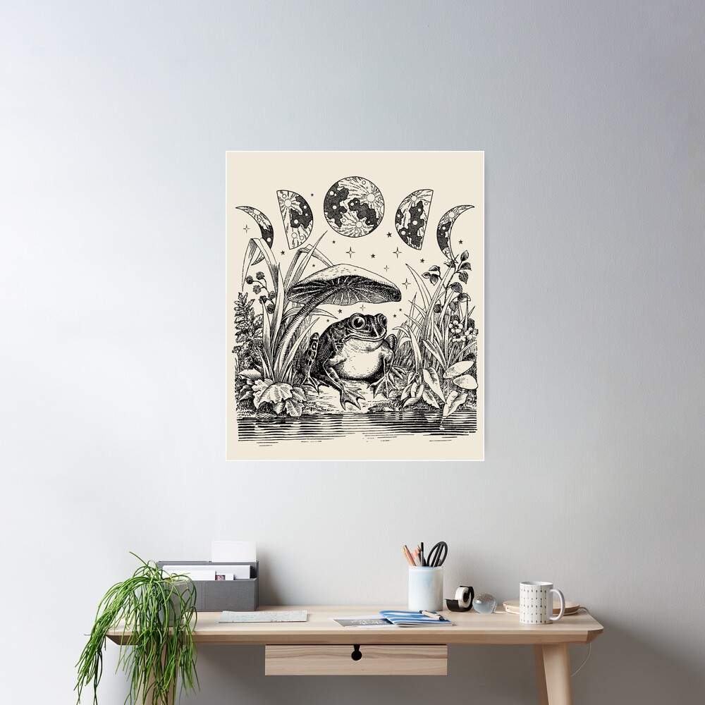 Cute Cottagecore Aesthetic Frog Mushroom Moon Witchy Vintage Poster
