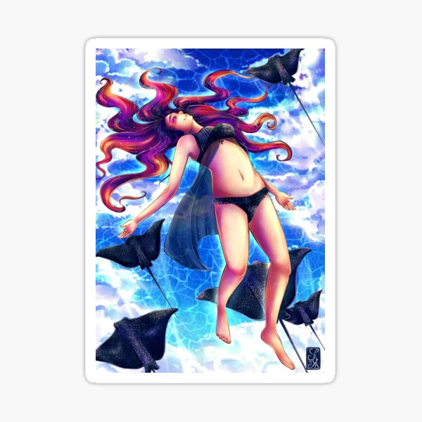 Déploie tes ailes - Raie océan poisson sirène ciel mer nuages bikini poulpe fille manga voler Sticker