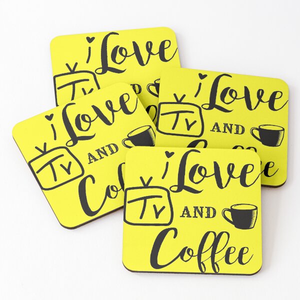 Item preview, I Love TV and Coffee on Black Words on Yellow Background designed and sold by BrokenUnicorn.