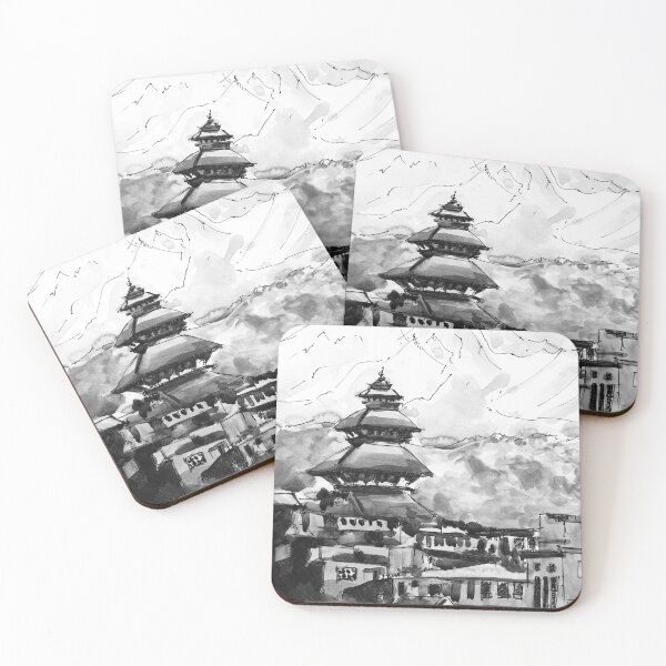 Item preview, Nepal Himalayan Temple Bhaktapur Kathmandu Black and White Watercolor Painting designed and sold by TheJoeyStudio.