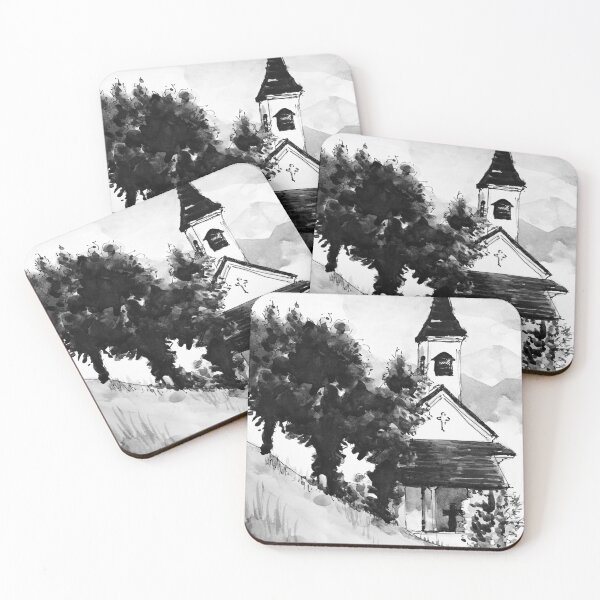 Artikelvorschau, Österreichische Alpen Hügel Kirche schwarz und weiß Aquarell entworfen und verkauft von TheJoeyStudio.