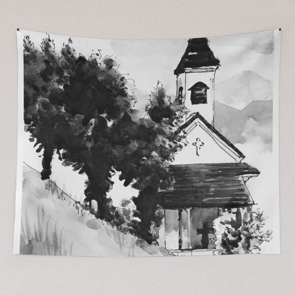 Artikelvorschau, Österreichische Alpen Hügel Kirche schwarz und weiß Aquarell entworfen und verkauft von TheJoeyStudio.