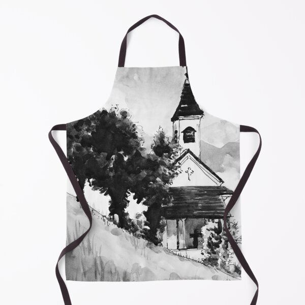 Artikelvorschau, Österreichische Alpen Hügel Kirche schwarz und weiß Aquarell entworfen und verkauft von TheJoeyStudio.