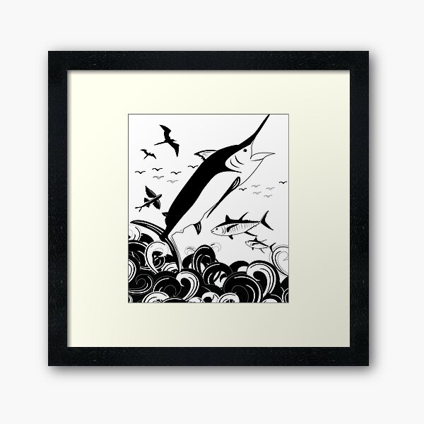 Black N White Marlin Scene Framed Art Print