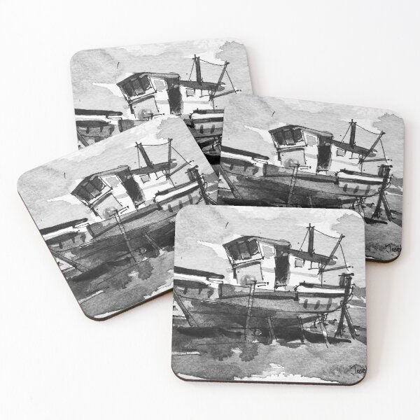 Item preview, Goan Fishing Boat Black and White Watercolor Painting designed and sold by TheJoeyStudio.