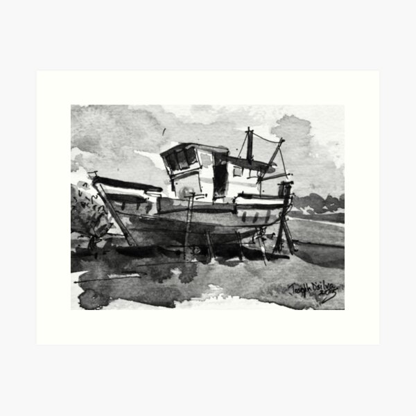 Vista previa del artículo con la obra «Barco pesquero de Goa Pintura de acuarela en blanco y negro», diseñado y vendido por TheJoeyStudio.
