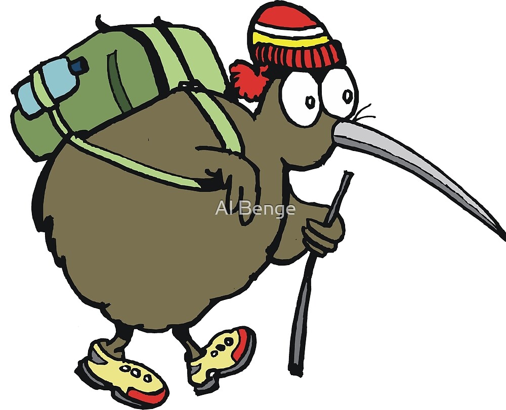 Cartoon of cute kiwi bird hiker carrying back pack Cartoon of cute kiwi bird hiker carrying back pack