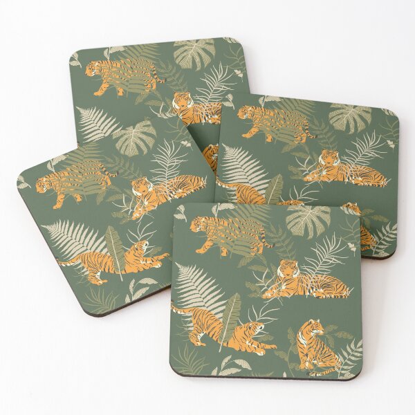 Item preview, Abstract Jungle Pattern with Tropical Pastel Green Colors Leaves and Tigers.  designed and sold by digoarpi.