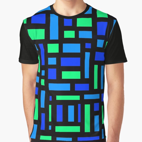 Green and Blue Rectangle Pattern Graphic T-Shirt