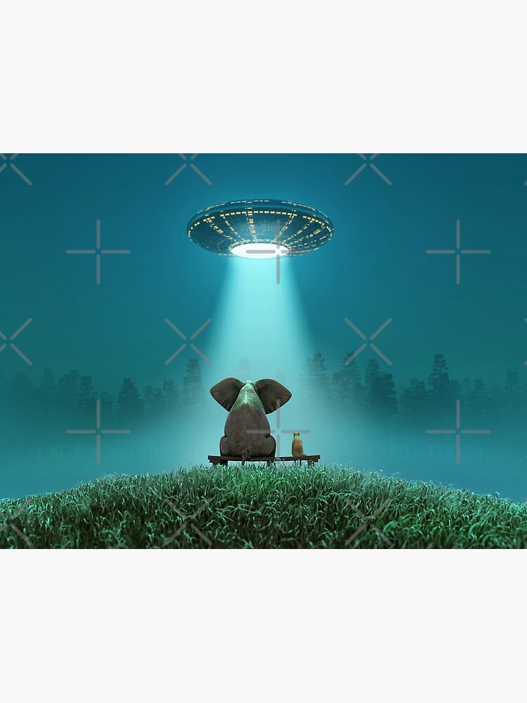 Thumbnail 3 of 3, Poster, elephant and dog look at a flying saucer designed and sold by mikekiev.