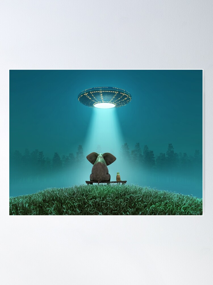 Thumbnail 2 of 3, Poster, elephant and dog look at a flying saucer designed and sold by mikekiev.