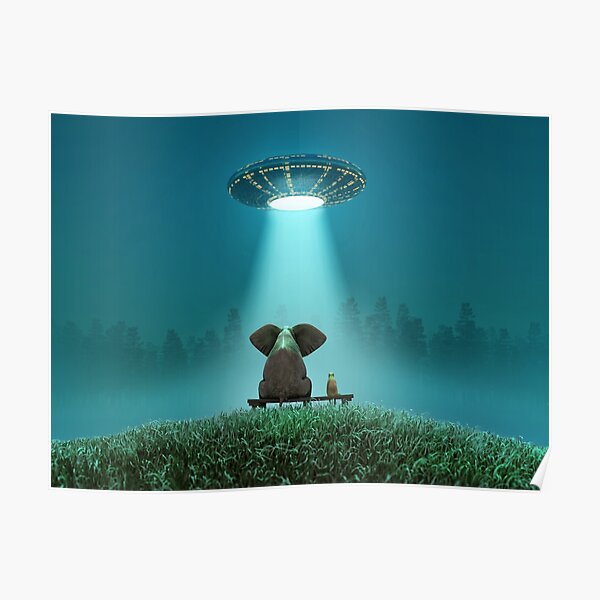 elephant and dog look at a flying saucer Poster