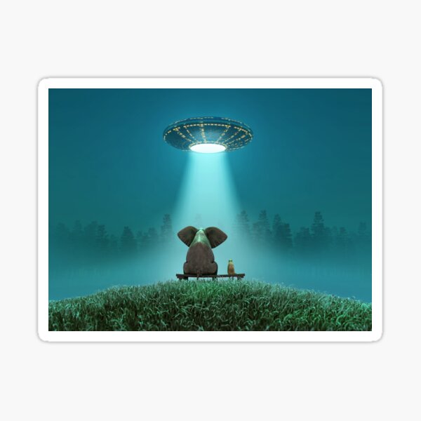 elephant and dog look at a flying saucer Sticker