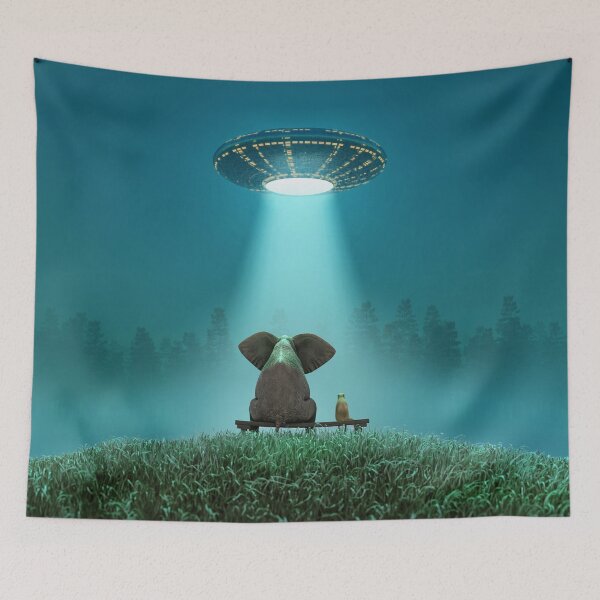 Item preview, elephant and dog look at a flying saucer  designed and sold by Mike Kiev art.
