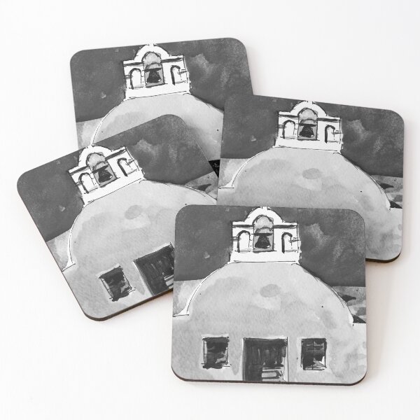 Aperçu de l'œuvre Église grecque Santorin Peinture à l’aquarelle noir et blanc créée et vendue par TheJoeyStudio.