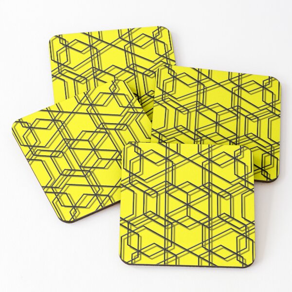 Item preview, Hexagon geometric web pattern with 3D feel in black with contrasting yellow background designed and sold by CiniArt.