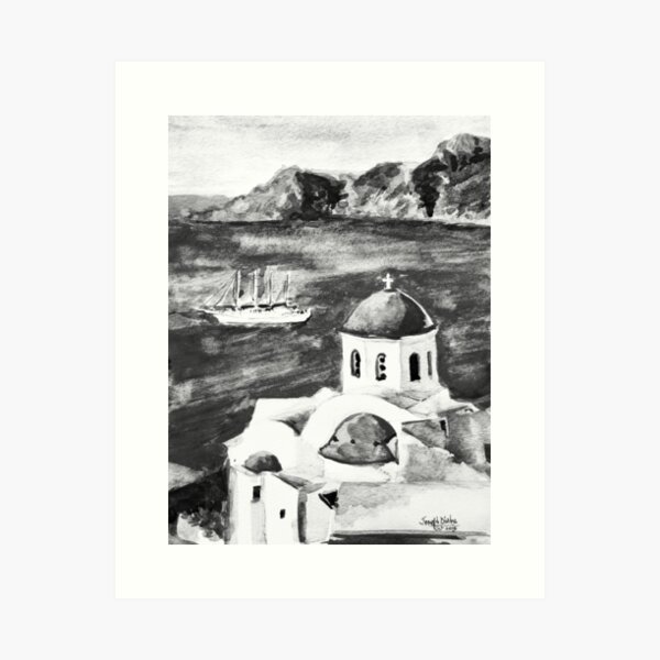 Item preview, Santorini Landscape Greece Black and White Watercolor Painting designed and sold by TheJoeyStudio.