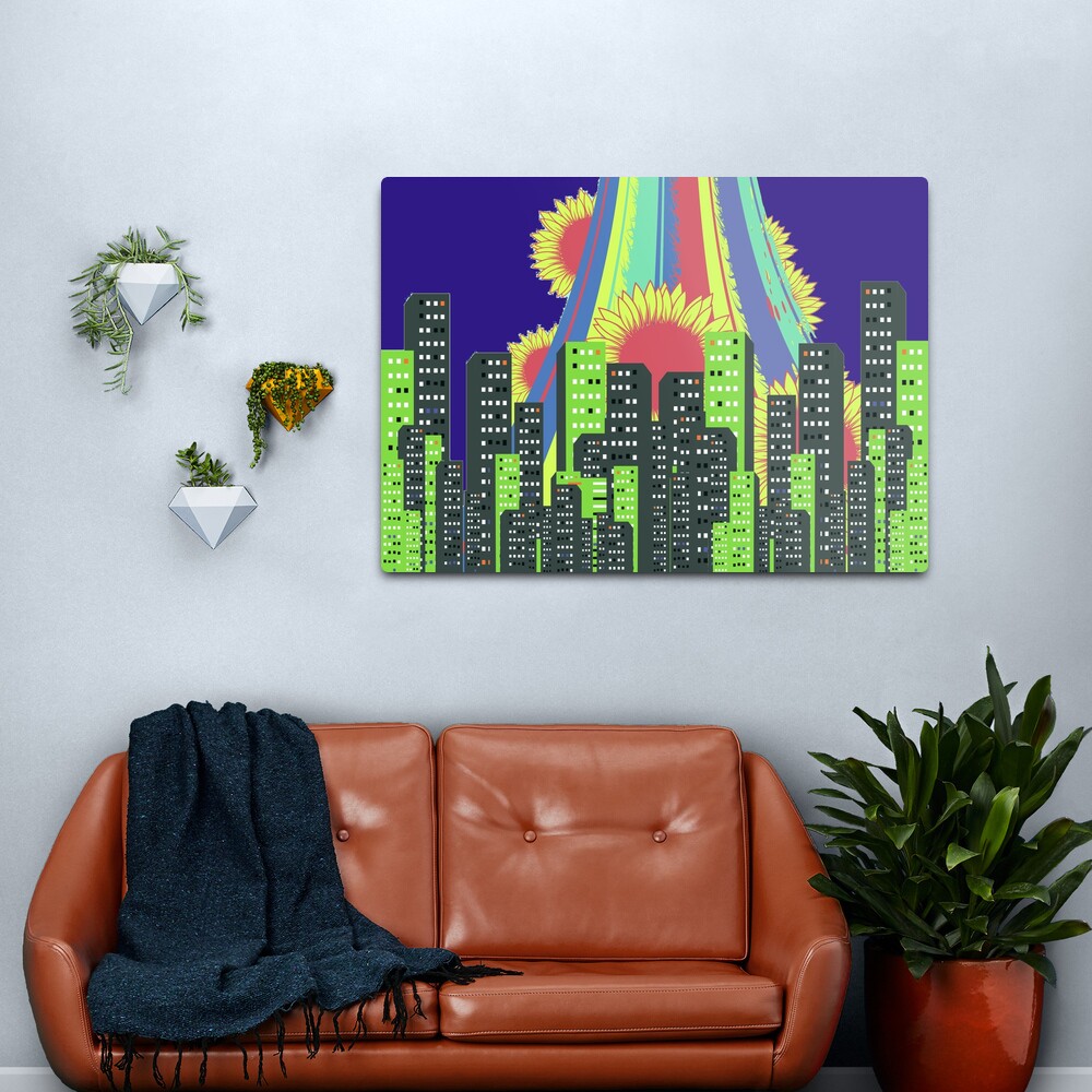 Funky City Skyline and Sunflowers Hipster Artwork Metal Print