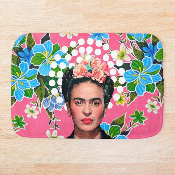 Item preview, Frida Kahlo, flowers, color on pink Mexican tablecloth designed and sold by Adriana C (All about Frida).