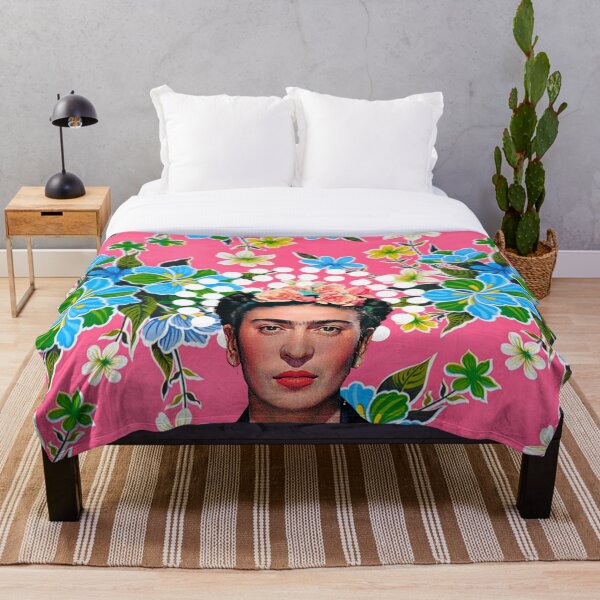 Item preview, Frida Kahlo, flowers, color on pink Mexican tablecloth designed and sold by Adriana C (All about Frida).