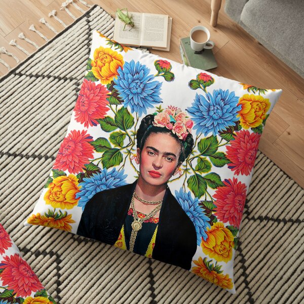 Frida Kahlo print, flowers, color on white Mexican tablecloth Floor Pillow