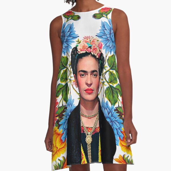 Frida Kahlo print, flowers, color on white Mexican tablecloth A-Line Dress
