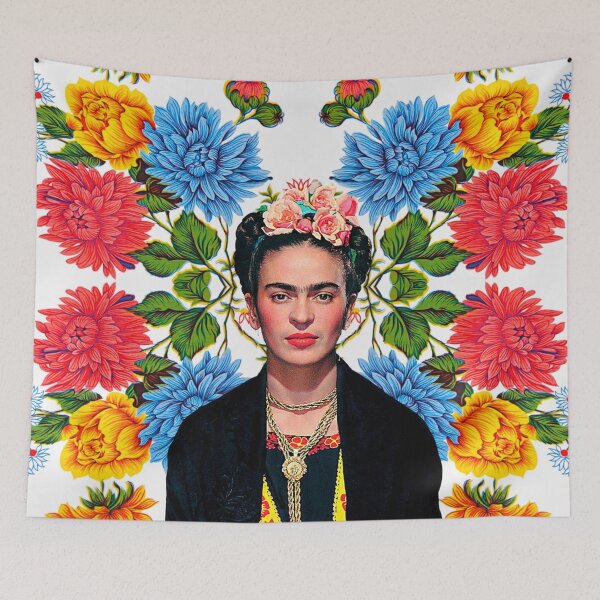 Item preview, Frida Kahlo print, flowers, color on white Mexican tablecloth designed and sold by Adriana C (All about Frida).