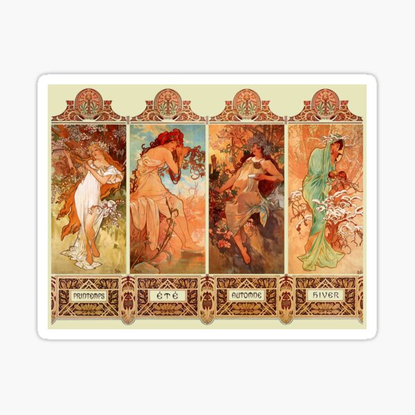 signer chaque saison individuelle. Il a dessiné un cadre de style vintage élaboré typique de cette époque enveloppant les quatre saisons avec des lettres françaises Sticker