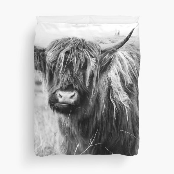 Highland Cow Landscape, Black and White Duvet Cover