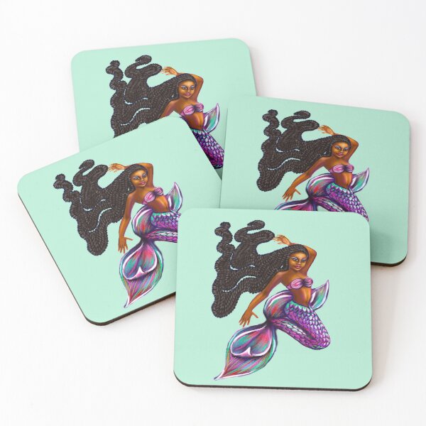 Item preview, mermaid with flowing braids, brown eyes curly Afro hair and caramel brown skin. Black mermaid designed and sold by Artonmytee.